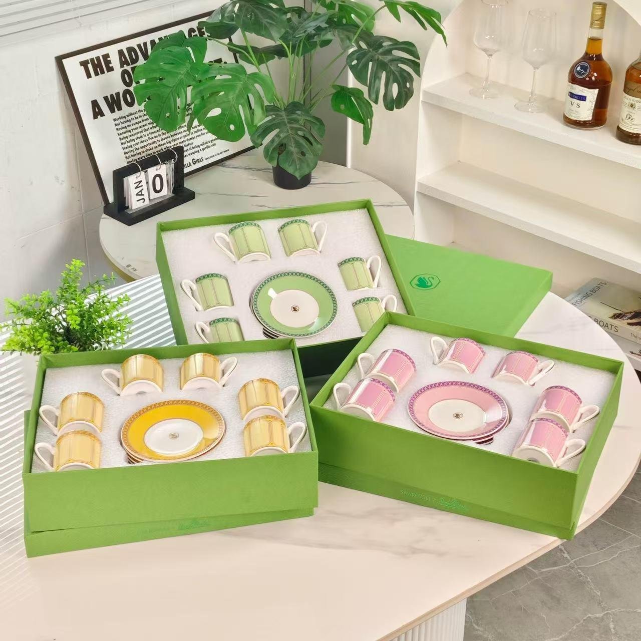 Swarovski Turkish coffee set of six cups with saucers. Three colors are available.